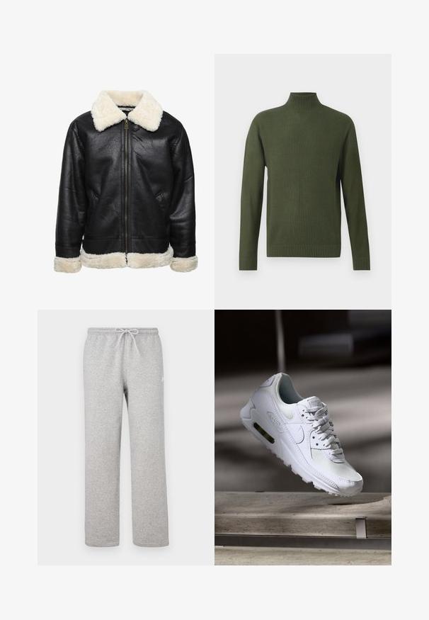 Chaqueta de cuero sintético negra con un cuello y puños de piel sintética blanca. Cuenta con un cierre frontal y bolsillos laterales. Superficie texturizada visible.; Suéter de punto verde oscuro con un alto cuello de ribete, mangas largas y un patrón de gofre texturizado sobre un fondo liso.; Pantalones deportivos grises con cintura elástica y cordón ajustable. Fabricados con tela suave, cuentan con piernas rectas y un sutil detalle de logotipo.; Zapatilla Nike Air Max 90 blanca con parte superior de malla y cuero, caja de puntera perforada y unidad de aire visible en el talón.