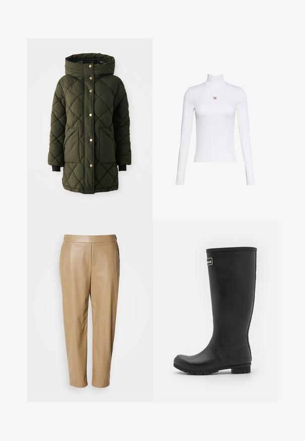 Veste matelassée en olive avec capuche, boutons-pression dorés, poches latérales et poignets en tricot noir. Dispose d'une coupe droite.; Haut blanc à manches longues avec col roulé et petit patch logo Calvin Klein centré sur la poitrine sur fond blanc uni.; Pantalons en cuir beige avec une texture lisse, dotés d'une taille plate et de jambes fuselées, avec des coutures le long des côtés.; Botte de pluie noire en caoutchouc, design haut avec une finition mate lisse. Dispose d'une semelle épaisse avec des rainures et d'un accent logo sur le côté.