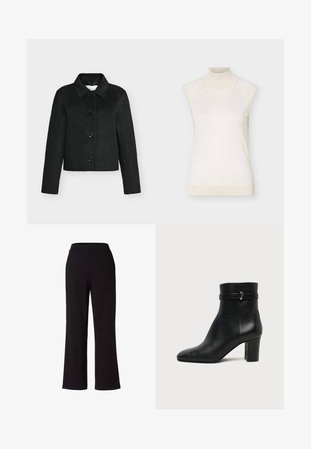 Chaqueta corta negra de mezcla de lana con cuello y cuatro botones delanteros, mangas largas y dobladillo recto.; Jersey sin mangas color crema con cuello alto y ribete acanalado en el cuello y el dobladillo, mostrado sobre un fondo claro y liso.; Pantalones negros de pierna ancha hechos de una tela suave y elástica. Cuentan con una cinturilla elástica para mayor comodidad. Diseño simple, sin patrones ni adornos.; Botín negro de cuero con tacón bloque bajo y una correa decorativa con una pequeña hebilla plateada alrededor de la parte superior.
