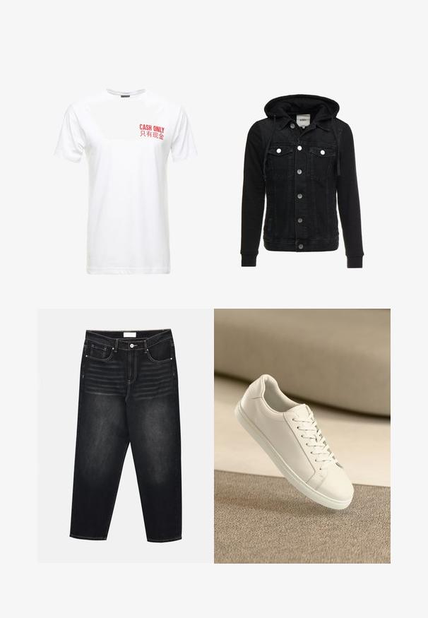 Zwarte spijkerjack met capuchon, voorzien van twee borstzakken, zilveren knopen en een gebreide stofmix. Aansluitend ontwerp met lange mouwen.; Witte katoenen t-shirt met korte mouwen, met daarop in rode drukletters aan de linkerkant van de borst de tekst "CASH ONLY" en de Chinese vertaling ervan.; Zwarte denim jeans met een relaxte pasvorm, voorzien van vervaagde verticale strepen, een vijf-pocket ontwerp en contrasterende gele stiksels.; Witte leren sneaker met witte veters, weergegeven op een beige textuurovervlak en een zacht vervaagd achtergrond.