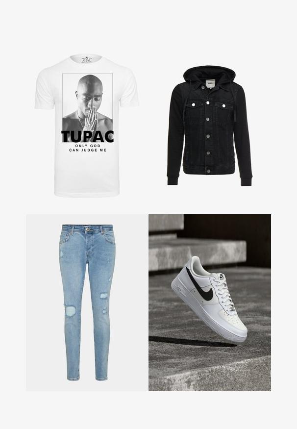 Veste en denim noir avec capuche, dotée de deux poches poitrine, de boutons en métal argenté et d'un mélange de tissus texturé. Design ajusté avec manches longues.; T-shirt en coton blanc présentant un graphisme noir et blanc d'un homme joignant les mains en prière, avec le texte "TUPAC" et "SEUL DIEU PEUT ME JUGER."; Jean skinny bleu clair en denim, avec des patchs usés aux genoux, design classique à cinq poches et fermeture éclair avec bouton.; Baskets blanches Nike Air Force 1 avec le swoosh noir, lacets attachés, en suspension dans les airs au-dessus d'une surface en béton texturé en extérieur.