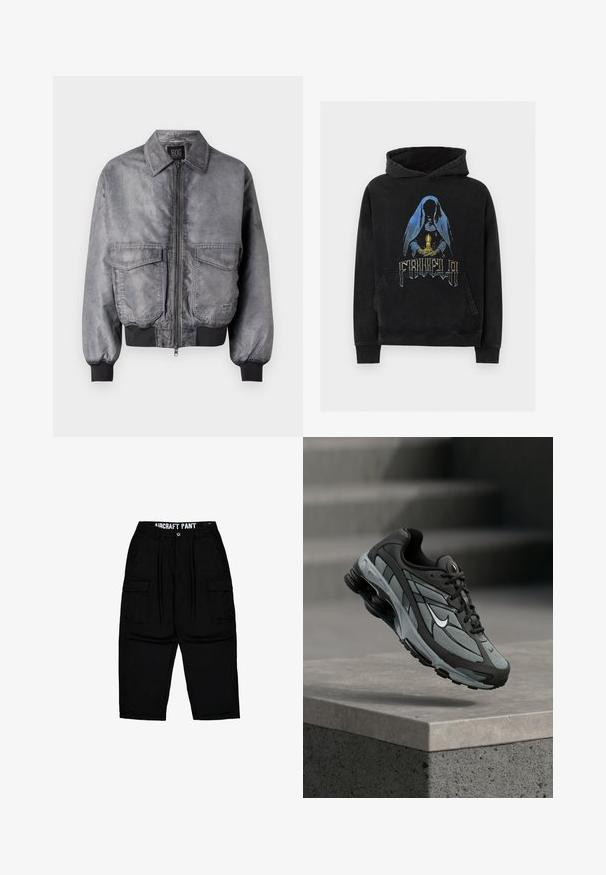 Chaqueta bomber gris con una textura suave, cierre de cremallera en la parte delantera, dos grandes bolsillos en el pecho y puños y dobladillo acanalados. Presenta un diseño clásico de cuello.; Sudadera negra con capucha con una imagen de una figura con capucha sosteniendo una vela luminosa y texto estilizado debajo de la figura en la parte delantera.; Pantalones cargo negros con trabillas para cinturón, botón delantero, cierre de cremallera, bolsillos laterales con solapa y texto "AIRCRAFT PANT" en la cinturilla interior.; Zapatilla deportiva gris y negra con paneles de malla y suela gruesa, posicionada en el aire sobre un saliente de hormigón con escaleras de fondo.