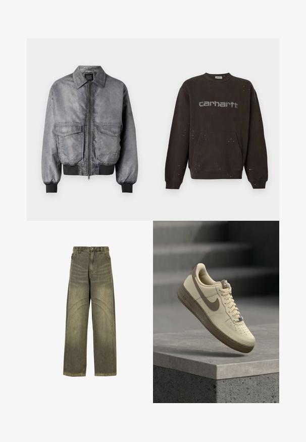 Grå bomberjakke med en glat overflade, lynlås foran, to store brystlommer og ribbede manchetter og nederkant. Har et klassisk kravedesign.; Mørkebrun Carhartt sweatshirt med frontlomme og små hvide malingstænk spredt over stoffet og logoet.; Bredde ben jeans i olivengrøn denim med buede søm-detaljer, klassisk knaplukning og en falmet finish.; Beige og brun Nike Air Force 1 sneaker med snørebånd, svævende over en betonoverflade med trapper i baggrunden.
