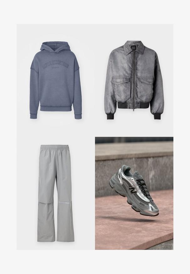Grå bomberjakke med en glat overflade, lynlås foran, to store brystlommer og ribbede manchetter og nederkant. Har et klassisk kravedesign.; Hætte sweatshirt i dæmpet blå, lavet af blødt stof, med broderet "Alpha Industries" logo på brystet samt ribbede ærmer og kant.; Lysegrå vandtætte regnbukser med elastisk talje og refleksstribe på højre ben, designet til udendørs brug.; Grå og sølvfarvet New Balance-sneaker mærket "1000", der svæver over en rosafarvet stenet overflade med en grå stenvæg i baggrunden.