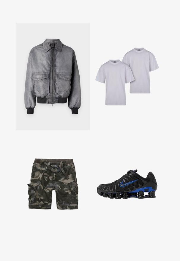 Chaqueta bomber gris con una textura suave, cierre de cremallera en la parte delantera, dos grandes bolsillos en el pecho y puños y dobladillo acanalados. Presenta un diseño clásico de cuello.; Dos camisetas de algodón blancas de manga corta, cuello redondo y corte recto. Diseño sencillo, sin patrones ni marcas visibles.; Pantalones cortos cargo camuflados en verde oscuro y gris. Presentan múltiples bolsillos, cremallera, y una cintura elástica con cordones. Tejido duradero.; Zapatilla deportiva negra con parte superior de malla y acentos brillantes. Presenta un swoosh azul, un cuello acolchado y una suela de goma negra prominente con amortiguación visible.