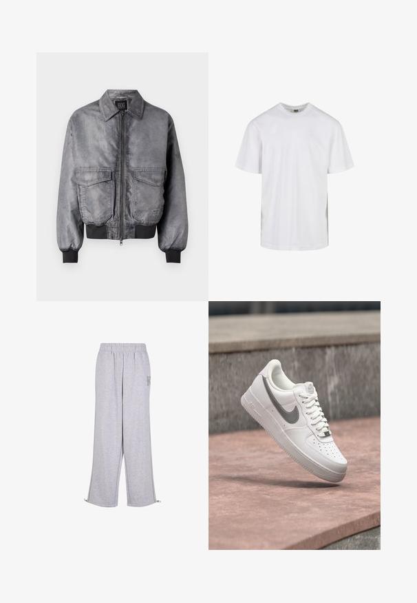 Chaqueta bomber gris con una textura suave, cierre de cremallera en la parte delantera, dos grandes bolsillos en el pecho y puños y dobladillo acanalados. Presenta un diseño clásico de cuello.; Camiseta blanca lisa de manga corta y cuello redondo con un ajuste relajado, mostrada sobre un fondo blanco.; Karl Kani Pantalones deportivos - grey; Zapatilla blanca Nike Air Force 1 con logo swoosh gris flotando sobre una superficie de piedra y un fondo de pared de piedra gris.