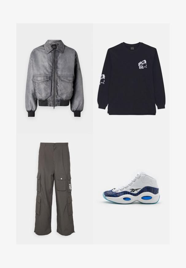 Grå bomberjakke med en glat overflade, lynlås foran, to store brystlommer og ribbede manchetter og nederkant. Har et klassisk kravedesign.; Stan Ray SOLIDARITY TEE - Langærmet T-shirt - black; Night Addict Cargobukser - khaki; Højtop atletiksko med en hvid læderoverdel, blå og sort zebra-print design, og en lys blå gennemsigtig sål.
