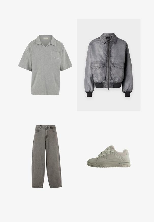 Veste bombardier grise avec une texture lisse, fermeture éclair à l'avant, deux grandes poches sur la poitrine et des poignets et un ourlet côtelés. Présente un design de col classique.; Polo shirt gris à manches courtes en tissu texturé, doté d'un col, d'une poche poitrine et d'un subtil logo brodé sur la poche.; Pantalon en denim gris avec taille haute, jambes larges, design classique à cinq poches et fermeture à bouton à l'avant. Fini légèrement texturé.; Baskets basses grises avec de larges lacets texturés, col rembourré, panneaux cousus et semelle en caoutchouc rainurée pour une meilleure adhérence.