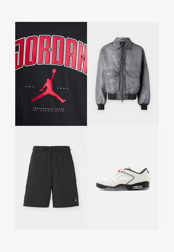 Chaqueta bomber gris con una textura suave, cierre de cremallera en la parte delantera, dos grandes bolsillos en el pecho y puños y dobladillo acanalados. Presenta un diseño clásico de cuello.; Camiseta negra con el texto en rojo "JORDAN" en negrita, la silueta de una figura saltando y "EST. 1984" en blanco debajo del gráfico.; Pantalones cortos deportivos negros hechos de una tela suave, con una cinturilla elástica y cordón, bolsillos laterales y un pequeño logo en la pierna izquierda.; Zapatilla deportiva baja blanca, negra y roja con cuero perforado y suela translúcida vista de perfil sobre fondo blanco.