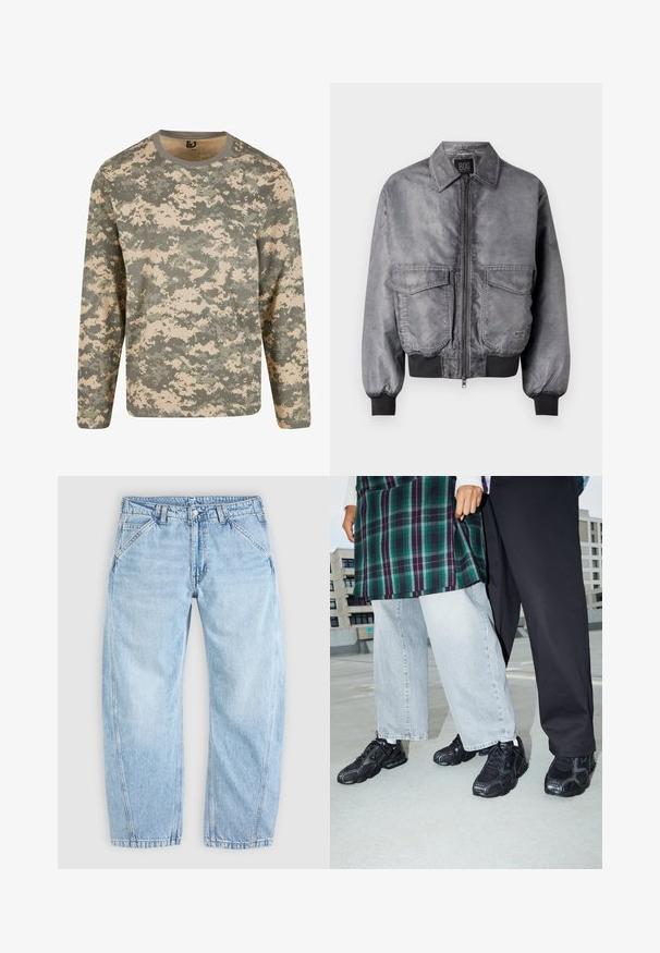 Sivá bomber bunda s hladkou textúrou, predným zipsom, dvoma veľkými náprsními vreckami a rebrovanými manžetami a spodným lemom. Disponuje klasickým dizajnom goliera.; Tričko s dlhým rukávom v digitálnom maskáčovom vzore obsahujúcom odtiene zelenej a béžovej farby, s okrúhlym výstrihom a jemnou textúrou.; Svetlomodré džínsové rifle s voľným strihom, zapínanie vpredu na gombíky a zips, šikmé predné vrecká a opaskové očká.; Čierne športové topánky s sieťovinou a gumovými akcentmi. Nosené s svetlošedými širokými džínsami a kockovaným zeleným topom. Pozadie s plochým povrchom.