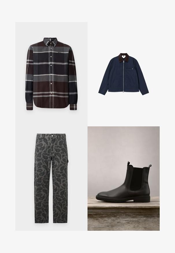 Marineblaue Baumwolljacke mit braunem Cordkragen, frontalem Reißverschluss und zwei Seitentaschen; verfügt über eine kleine Brusttasche.; Barbour ICELOCH TAILORED TARTAN - Hemd - midnight oak; Schwarz und grau pixelierte Tarnmuster-Hosen mit geradem Bein, vorderen Taschen und Knopfverschluss.; Schwarzer Gummichelsea-Stiefel mit glatter Oberfläche, elastischen Seitenpartien und Zuglaschen, ausgestattet mit einem niedrigen Absatz und einer stabilen Sohle.