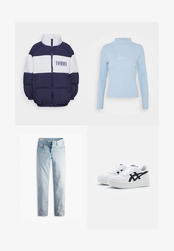 Marineblaue und weiße Steppjacke mit hohem Kragen, Reißverschluss und "TOMMY JEANS"-Logo auf der Brust. Verfügt über ein kastiges Design und elastische Bündchen.; Helles blaues langärmliges Oberteil aus geripptem Stoff, mit hohem Kragen und weißem gesticktem Text auf der Brust.; Hellblaue Jeans aus Denim mit geradem Bein, fünf Taschen und Metallknöpfen am Standardbund.; Weiße Sneaker mit einer strukturierten Oberfläche, schwarzen Seitenstreifen und einer dicken weißen Sohle. Verfügt über ein Schnürdesign und ein Logo auf der Zunge.