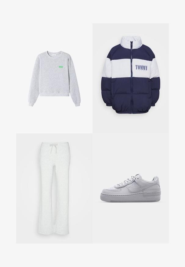 Chaqueta acolchada en navy y blanco con cuello alto, cierre de cremallera y logo "TOMMY JEANS" en el pecho. Presenta un diseño cuadrado y puños elásticos.; Sudadera gris claro de cuello redondo con mangas largas, puños y dobladillo acanalados, y pequeño texto verde "American Vintage" en el lado izquierdo del pecho.; Pantalones de chándal acampanados de color gris claro con una cintura elástica ajustable y una tela suave y texturizada, que presentan un diseño sencillo sin patrones ni acentos.; Zapatilla Nike Air Force 1 gris con puntera perforada, parte superior de cuero suave, suela gruesa y detalle en relieve 'AIR' en el talón.