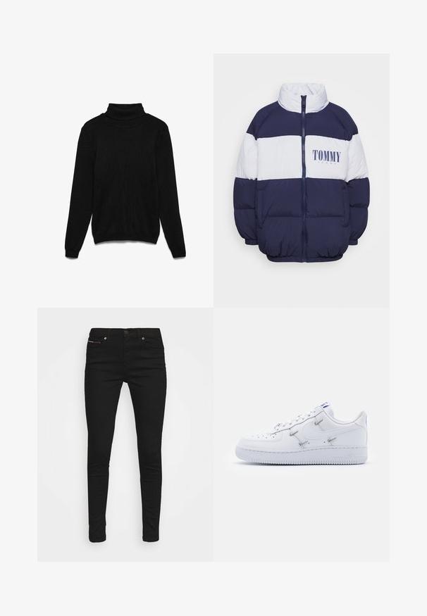 Marineblauwe en witte gewatteerde jas met hoge kraag, ritsluiting en "TOMMY JEANS" logo op de borst. Kenmerkt zich door een boxy design en elastische manchetten.; Zwarte coltrui gemaakt van gebreide stof. Heeft lange mouwen, een geribde kraag en een losse pasvorm. Geen zichtbare patronen of accenten.; Zwarte slim-fit jeans met vijf zakken en knoopsluiting, weergegeven tegen een witte achtergrond.; Nike Sportswear AIR FORCE 1 - Sneakers laag - white/hyper royal/black