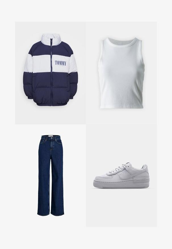 Marineblaue und weiße Steppjacke mit hohem Kragen, Reißverschluss und "TOMMY JEANS"-Logo auf der Brust. Verfügt über ein kastiges Design und elastische Bündchen.; Weißes, geripptes Tanktop mit runder Ausschnittform und ärmellosem Design, ausgestattet mit einem geraden Saum und einer glatten, dehnbaren Textur.; Dunkelblaue, hoch taillierte Jeans mit weitem Bein, vorderen Taschen, Gürtelschlaufen, Knopfverschluss und sichtbaren Nahtdetails.; Graue Nike Air Force 1 Sneaker mit perforierter Zehenpartie, Obermaterial aus glattem Leder, dicker Sohle und geprägtem 'AIR'-Detail an der Ferse.