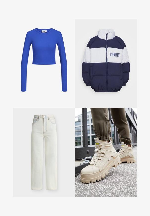 Chaqueta acolchada en navy y blanco con cuello alto, cierre de cremallera y logo "TOMMY JEANS" en el pecho. Presenta un diseño cuadrado y puños elásticos.; Top corto de canalé de manga larga azul con cuello redondo. Textura suave y diseño ajustado, con un patrón sutil en toda la prenda. Etiqueta de la marca visible.; Vaqueros vaqueros de pierna recta y cintura alta en lavado azul claro con botón delantero, cremallera y diseño de cinco bolsillos.; Zapatillas altas beige con suela gruesa y texturizada, diseño de cordones y etiquetas de acento amarillas. Parte superior de cuero texturizado con costuras en contraste.