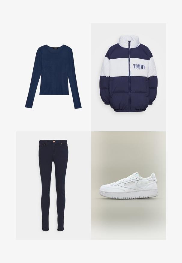 Chaqueta acolchada en navy y blanco con cuello alto, cierre de cremallera y logo "TOMMY JEANS" en el pecho. Presenta un diseño cuadrado y puños elásticos.; Top de manga larga navy en tejido suave, con escote redondo y costuras planas en las mangas, con un ajuste relajado.; Jeans ajustados de denim azul oscuro con una textura suave, que cuentan con un cierre de cremallera, dos bolsillos delanteros y un pequeño acento rojo en el borde del bolsillo.; Zapatilla blanca Reebok de perfil bajo con cierre de cordones, puntera perforada, panel lateral con marca y suela gruesa sobre fondo neutro.
