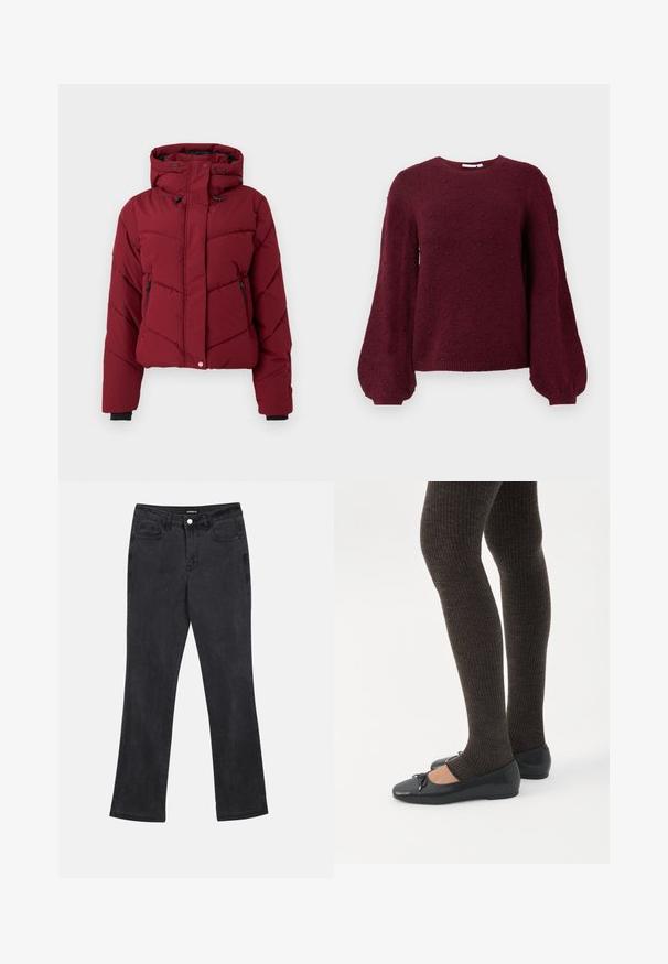 Chaqueta puffer roja con capucha, que presenta un diseño acolchado, bolsillos con cremallera en la parte delantera y puños negros. La tela tiene una textura lisa y mate.; Suéter de punto burdeos con un patrón texturizado de bolitas, cuello redondo y mangas de globo con puños acanalados.; Vaqueros negros de pierna recta con bolsillos delanteros y traseros, pasadores para cinturón y cierre de botón en la cintura.; Piernas con leggings oscuros acanalados combinados con bailarinas negras que presentan pequeños detalles de lazo sobre un fondo blanco.