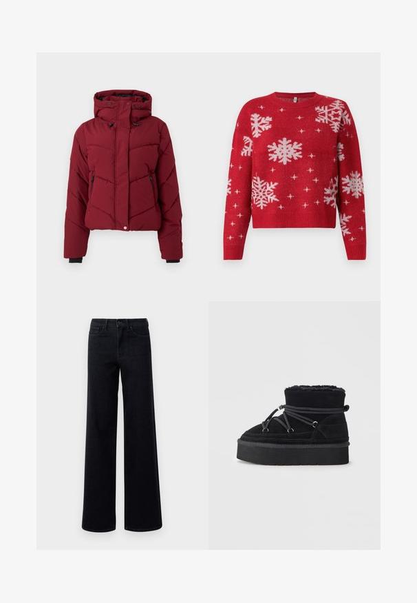 Doudoune rouge avec capuche, présentant un design matelassé, des poches zippées à l'avant et des poignets noirs. Le tissu a une texture lisse et mate.; Pull rouge avec un col rond, orné de flocons de neige blancs et d'accents scintillants. Manches et ourlet côtelés, design cropped.; Jean en denim noir à jambes larges avec une taille haute, doté de poches standard et d'une fermeture à bouton. Texture lisse avec un léger, stretch.; Bottines en suède noir avec une doublure en peluche, bout rond et semelle épaisse. Équipées d'un système de lacets gris avec des accents métalliques.