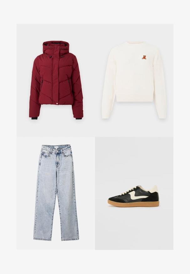 Chaqueta puffer roja con capucha, que presenta un diseño acolchado, bolsillos con cremallera en la parte delantera y puños negros. La tela tiene una textura lisa y mate.; Suéter blanco de punto con textura acanalada, cuello redondo y osito de peluche marrón bordado en el pecho izquierdo. Mangas largas y dobladillo ajustado.; Vaqueros de pierna recta de color azul claro, confeccionados en denim, con dos bolsillos frontales, cierre de botón y costuras en contraste a lo largo de las costuras.; Zapatillas de deporte de ante y cuero negro con un swoosh lateral en crema y un talón en crema claro. Presenta cordones beige y una suela de goma marrón.