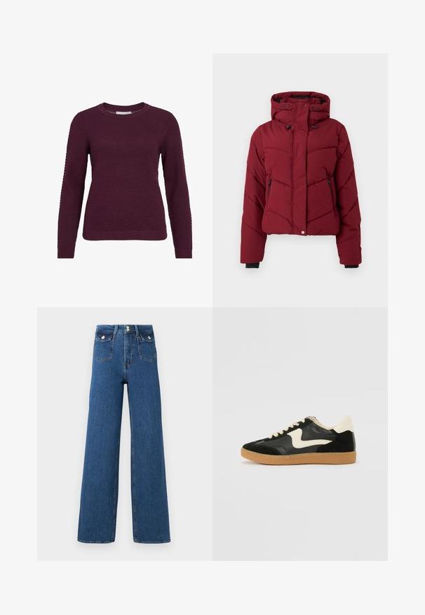 Chaqueta puffer roja con capucha, que presenta un diseño acolchado, bolsillos con cremallera en la parte delantera y puños negros. La tela tiene una textura lisa y mate.; Jersey de color burdeos con un patrón texturizado de panal, cuello redondo, mangas largas y puños y dobladillo acanalados.; Jeans de pierna ancha de mezclilla oscura. Cuenta con dos bolsillos frontales y un cierre de botón. Textura suave con costuras visibles y forma estructurada.; Zapatillas de deporte de ante y cuero negro con un swoosh lateral en crema y un talón en crema claro. Presenta cordones beige y una suela de goma marrón.