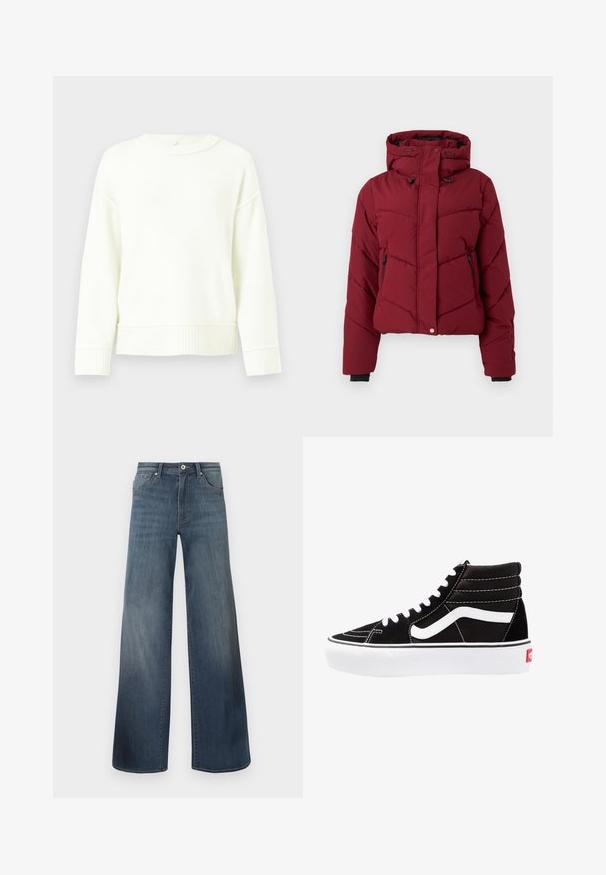 Doudoune rouge avec capuche, présentant un design matelassé, des poches zippées à l'avant et des poignets noirs. Le tissu a une texture lisse et mate.; Pull en tricot blanc avec épaules tombantes, poignets et ourlet côtelés. Texture douce, design à col rond et coupe décontractée.; Jeans en denim à jambes larges de couleur bleu foncé, avec une finition déchirée, fermeture à bouton et style à cinq poches. Texture lisse, détails de couture minimalistes.; Baskets montantes noires avec des lacets blancs, un logo blanc et des coutures blanches contrastées. Dotées d'une épaisse semelle blanche et d'un dessus en daim texturé.