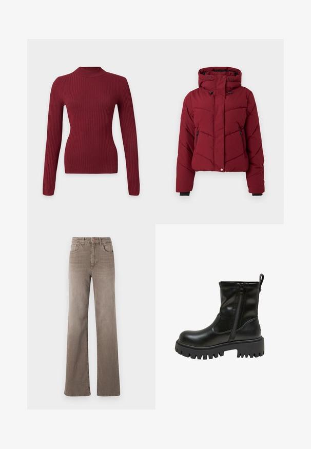 Doudoune rouge avec capuche, présentant un design matelassé, des poches zippées à l'avant et des poignets noirs. Le tissu a une texture lisse et mate.; Pull ajusté en maille côtelée à manches longues de couleur rouge foncé avec un col rond haut sur fond blanc.; Jean taille haute droit marron avec bouton avant, passants de ceinture et design classique à cinq poches sur fond blanc.; Botte en cuir noire mi-mollet avec semelle à crampons épaisse, fermeture éclair latérale, languette à l'arrière et nom de la marque embossé sur le bord de la semelle.
