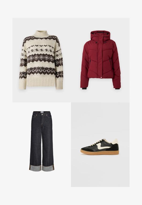 Doudoune rouge avec capuche, présentant un design matelassé, des poches zippées à l'avant et des poignets noirs. Le tissu a une texture lisse et mate.; Vero Moda Knitted VMAMPLE Knitted - Pullover - birch; Jean large bleu foncé avec ourlets retroussés, cinq poches et surpiqûres contrastantes jaunes.; Baskets en daim et cuir noir avec un swoosh latéral crème et un talon crème clair. Dotées de lacets beige et d'une semelle en caoutchouc gomme.