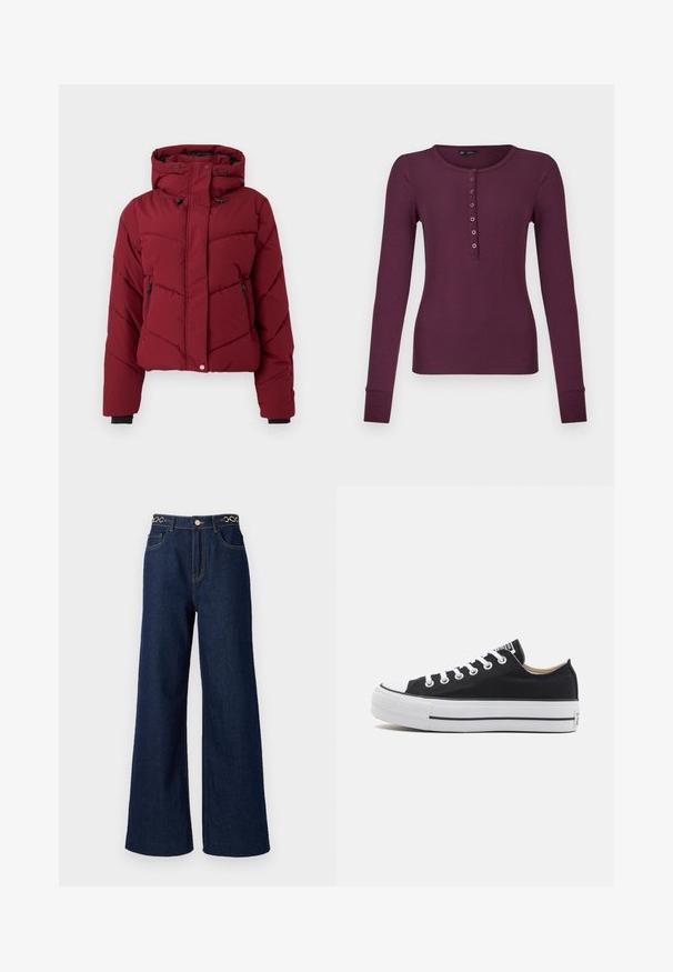Rote Daunenjacke mit Kapuze, mit einem gesteppten Design, Frontreißverschlusstaschen und schwarzen Bündchen. Der Stoff hat eine glatte, matte Textur.; Langarm-Rippstrick-Henley-Shirt in dunklem Pflaumenbaum mit sieben Knöpfen und gepufften Ärmeln.; Weite dunkelblaue Denim-Jeans mit hoher Taille, goldenen Kettenakzenten am Bund und kontrastierenden Nähten.; Schwarze Leinenschuhe mit niedriger Schnittform, weißen Gummispitzen, Schnürsenkeln und Sohle. Mit strukturiertem Sohlenprofil und einem schwarzen Akzentstreifen. Klassisches Design.