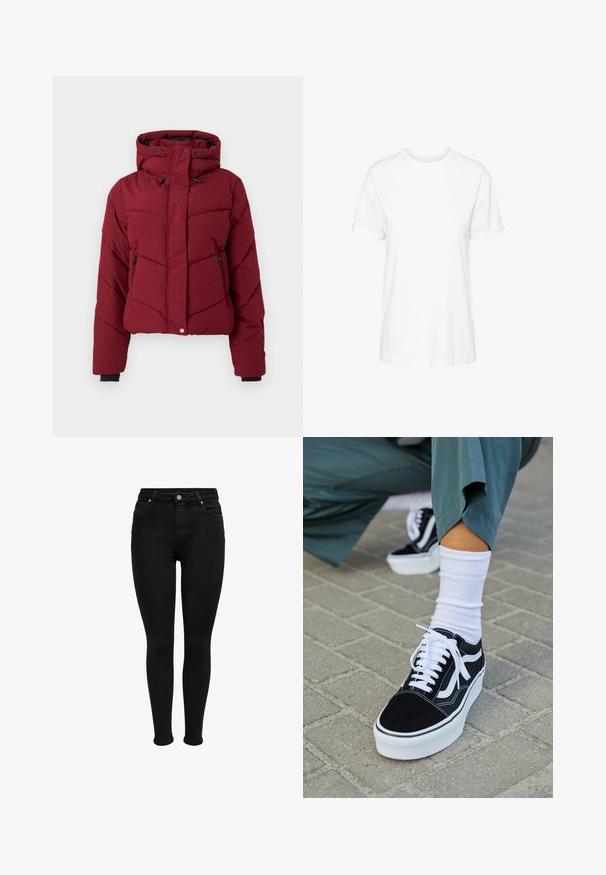 Rote Daunenjacke mit Kapuze, mit einem gesteppten Design, Frontreißverschlusstaschen und schwarzen Bündchen. Der Stoff hat eine glatte, matte Textur.; Weißes Baumwoll-T-Shirt mit kurzen Ärmeln, Rundhalsausschnitt und legerem Schnitt, mit glatter Textur und ohne sichtbare Muster.; Schwarze hochtaillierte Skinny-Jeans mit vorderem Knopf, Gürtelschlaufen und Fünf-Taschen-Design, vor einem weißen Hintergrund gezeigt.; Schwarze Wildledersneaker mit weißen Akzenten und Schnürsenkeln, ausgestattet mit einer dicken weißen Sohle und kontrastierenden Nähten, kombiniert mit einer weißen Socke.