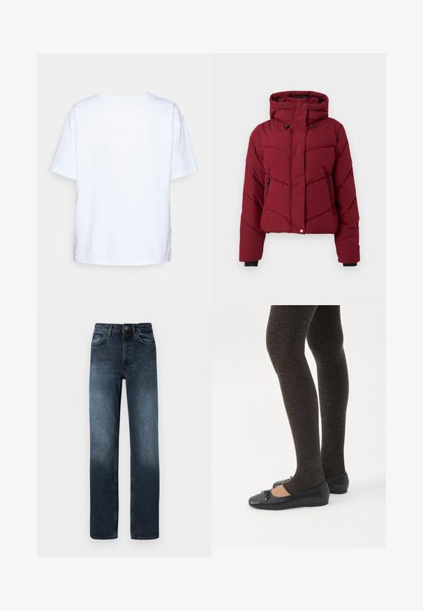 Chaqueta puffer roja con capucha, que presenta un diseño acolchado, bolsillos con cremallera en la parte delantera y puños negros. La tela tiene una textura lisa y mate.; Camiseta de algodón blanca de manga corta vista desde atrás sobre un fondo gris claro.; Jeans de mezclilla azul oscuro con corte recto, cinco bolsillos y cierre frontal de botón. Presenta detalle de desgastado cerca del dobladillo.; Piernas con leggings oscuros acanalados combinados con bailarinas negras que presentan pequeños detalles de lazo sobre un fondo blanco.