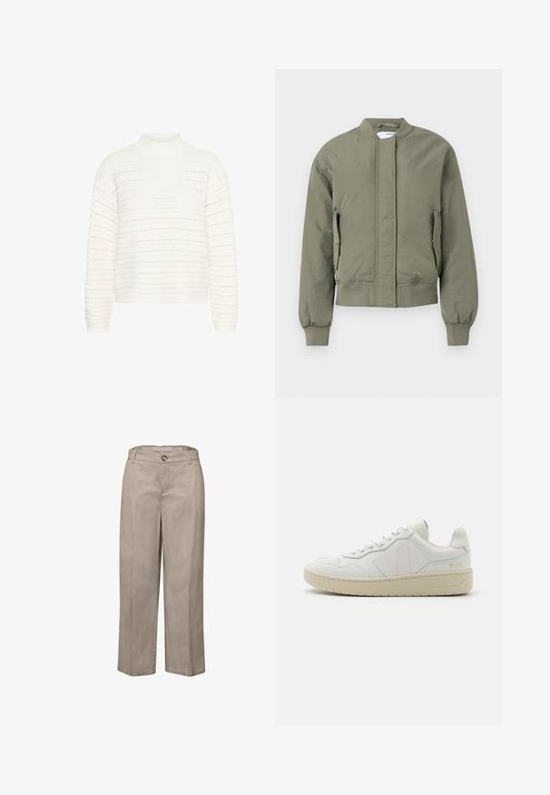 Veste bomber vert olive avec une fermeture éclair à l'avant, des poignets et une taille à côtes. Dispose de poches latérales et d'une texture lisse et mate.; Kaffe KADOLLY - Pullover - chalk; Pantalon beige à jambes droites avec fermeture à bouton et glissière, passants pour ceinture et détails de pli sur le devant.; Baskets en cuir blanc avec une boîte à orteils perforée, semelle en caoutchouc beige contrastante et accents de logo sur le côté et le talon. Design minimaliste.