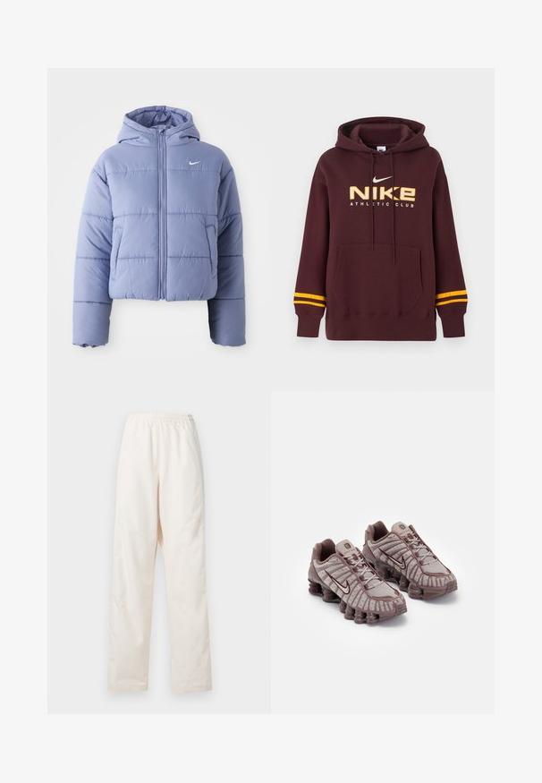 Gekürzte Steppjacke in hellem Lavendel, ausgestattet mit einer Kapuze, Frontreißverschluss und horizontalen Nähten. Linke Seitentasche und Nike-Logo-Akzent.; Dunkelroter Nike-Hoodie mit gelben Doppelstreifen an den Ärmeln, Kängurutasche auf der Vorderseite und "NIKE ATHLETIC CLUB"-Schriftzug mit Logo auf der Brust.; Locker sitzende, crèmefarbene Hose mit elastischem Bund und geradem Beinschnitt, vor einem einfarbigen weißen Hintergrund präsentiert.; Nike Sportswear SHOX TL - Sneaker low - pumice/night maroon/plum eclipse
