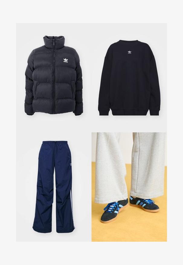 Chaqueta acolchada de color marino con cuello alto, cierre de cremallera y logo blanco de Adidas en el pecho. Presenta paneles cosidos y una textura suave y brillante.; Sudadera negra de mezcla de algodón, con cuello redondo acanalado y puños, y un pequeño logo blanco de Adidas ubicado en el centro del pecho.; Pantalones de color azul marino, ligeros, con cintura elástica y cordón ajustable, con franjas blancas laterales y un pequeño logo en la parte delantera. Diseño de corte holgado.; Zapatillas de ante negras y azules con cordones azules y acentos a rayas, combinadas con pantalones de pierna ancha gris claro, sobre un suelo amarillo.