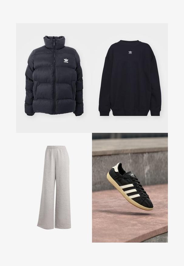 Chaqueta acolchada de color marino con cuello alto, cierre de cremallera y logo blanco de Adidas en el pecho. Presenta paneles cosidos y una textura suave y brillante.; Sudadera negra de mezcla de algodón, con cuello redondo acanalado y puños, y un pequeño logo blanco de Adidas ubicado en el centro del pecho.; Pantalones de chándal gris claro con un corte holgado, cinturilla elástica y textura suave. Presenta un sutil logo en un lado. Diseño casual.; Zapatilla negra Adidas con rayas blancas y suela beige, capturada en el aire sobre una superficie de piedra y con fondo de muro de piedra.