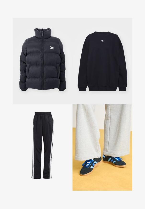 Chaqueta acolchada de color marino con cuello alto, cierre de cremallera y logo blanco de Adidas en el pecho. Presenta paneles cosidos y una textura suave y brillante.; Sudadera negra de mezcla de algodón, con cuello redondo acanalado y puños, y un pequeño logo blanco de Adidas ubicado en el centro del pecho.; Pantalones deportivos negros con rayas laterales blancas, cintura elástica y parche con logo. Fabricados con una tela suave y ligera. Diseño de pierna recta.; Zapatillas de ante negras y azules con cordones azules y acentos a rayas, combinadas con pantalones de pierna ancha gris claro, sobre un suelo amarillo.