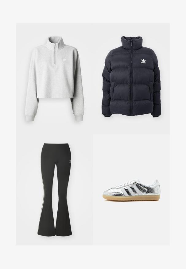Chaqueta acolchada de color marino con cuello alto, cierre de cremallera y logo blanco de Adidas en el pecho. Presenta paneles cosidos y una textura suave y brillante.; Sudadera recortada de color gris claro con cuello alto y media cremallera. Presenta mangas sueltas y un pequeño logo blanco en el pecho. Material de mezcla de algodón.; Leggings acampanados negros de tejido elástico, con una cintura alta y rayas laterales blancas. Incluye un pequeño logo en la cintura.; Zapatilla baja con textura metalizada de piel de serpiente plateada, rayas blancas, cordones blancos y suela de goma clara sobre fondo blanco.