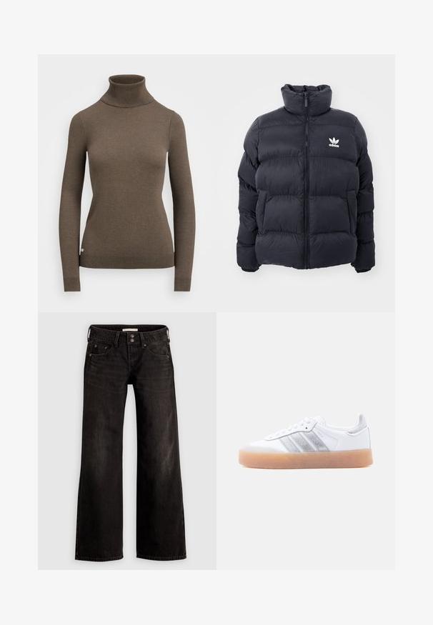 Tummansininen puffer-takki, jossa on korkea kaulus, vetoketjusuljenta ja valkoinen Adidas-logo rinnassa. Takissa on ommeltuja paneeleja ja sileä, kiiltävä pinta.; Ruskea poolopaita, joka on valmistettu pehmeästä materiaalista, jossa on pitkät hihat, istuva muotoilu sekä ribbitoidut kaulus- ja helmayksityiskohdat.; Mustat leveälahkeiset farkut, joissa on kevyesti haalistunut viimeistely, etutaskut, vetoketjullinen vetokulku ja nappisuljenta. Valmistettu denim-kankaasta.; Valkoinen matala tennari kumipohjalla, hopeisilla raidallisilla sivukoristeilla ja nauhakiinnityksellä, esitetty vaaleaa taustaa vasten.