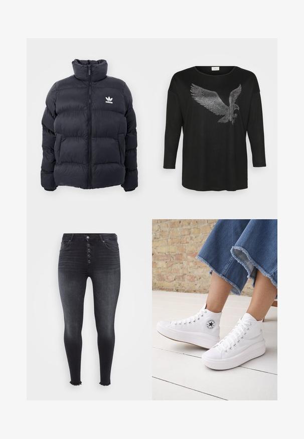 Marinblå puffjakke med høj krave, lynlås lukning og hvid Adidas-logo på brystet. Har syede paneler og en glat, blank overflade.; Sort langærmet skjorte med et glitrende ørne-design lavet af sølvfarvede rhinsten, med en afslappet pasform og rund halsudskæring.; Højtaljede sorte skinny jeans med knaplukning foran, falmet tekstur og frynset kant detalje. Fremstillet af denim materiale.; Person iført hvide høje Converse-sneakers med tykke såler og beskårne blå jeans med flossede kanter mod en murstensvæg og hvidt gulv.