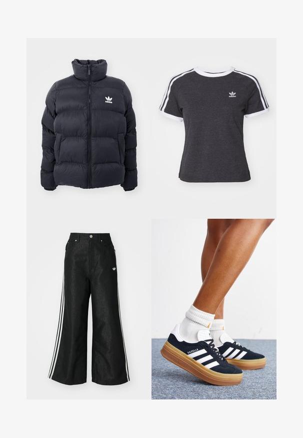 Chaqueta acolchada de color marino con cuello alto, cierre de cremallera y logo blanco de Adidas en el pecho. Presenta paneles cosidos y una textura suave y brillante.; Camiseta de algodón gris oscuro con ribete blanco, mangas raglán cortas y tres rayas blancas en cada hombro. Presenta un pequeño logo en el pecho.; Pantalones de denim anchos y negros con tres franjas blancas en cada lado y un pequeño logo blanco. Cuenta con bolsillos frontales y un cierre de botón.; Piernas con calcetines blancos y zapatillas Adidas Gazelle negras con rayas blancas y suelas marrones gruesas sobre un suelo alfombrado gris.