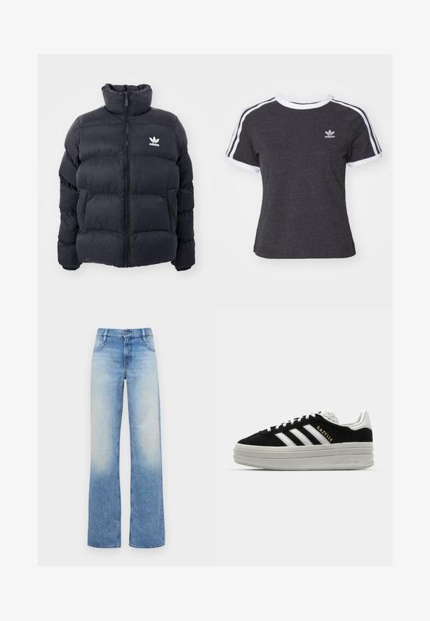Chaqueta acolchada de color marino con cuello alto, cierre de cremallera y logo blanco de Adidas en el pecho. Presenta paneles cosidos y una textura suave y brillante.; Camiseta de algodón gris oscuro con ribete blanco, mangas raglán cortas y tres rayas blancas en cada hombro. Presenta un pequeño logo en el pecho.; Jeans de tiro alto y pierna ancha en azul claro con una textura desgastada. Cuenta con cinco bolsillos y un cierre de botón en la cinturilla.; Zapatillas negras de ante con detalles en cuero blanco, tres rayas blancas, cordones planos y una gruesa suela de plataforma gris. Marca "Gazelle" en dorado.