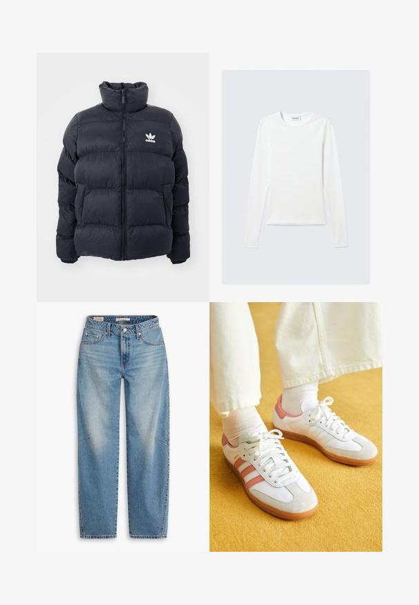 Chaqueta acolchada de color marino con cuello alto, cierre de cremallera y logo blanco de Adidas en el pecho. Presenta paneles cosidos y una textura suave y brillante.; Camiseta blanca lisa de manga larga con cuello redondo y corte ajustado, mostrada sobre un fondo gris claro.; Jeans de mezclilla azul claro con un ajuste holgado, diseño de pierna recta, bragueta de botones y estilo de cinco bolsillos, con sutiles detalles de desteñido y costuras.; Zapatillas deportivas blancas con acentos en rosa, materiales de ante y cuero, punta redonda y suela de goma, mostradas con calcetines de color claro sobre un fondo amarillo.