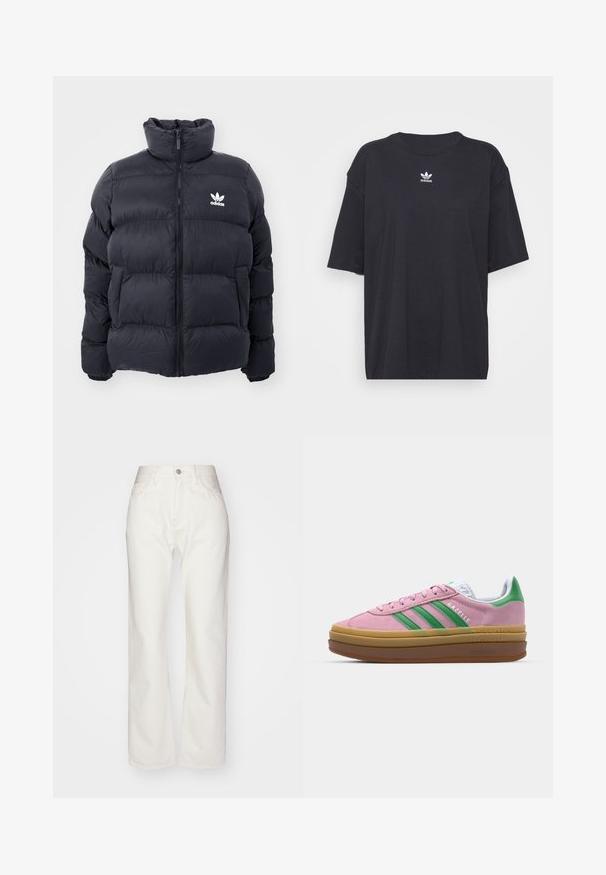 Marinblå puffjakke med høj krave, lynlås lukning og hvid Adidas-logo på brystet. Har syede paneler og en glat, blank overflade.; Sort bomulds t-shirt med korte ærmer, rund halsudskæring, med et hvidt Adidas-logo på brystet. Enkel design, afslappet pasform.; Hvide denimbukser med høj talje og bred benpasform. Har en knap- og lynlåslukning, bæltesløjfer og subtile syninger.; Lyserøde ruskindsneakers med grønne striber, hvide accenter og en brun gummisål. Har tekstureret stof og logodetaljer på siden.