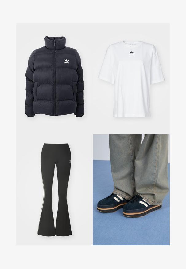 Tumesine puffer jope kõrge kraega, lukuga ja valge Adidas'i logoga rinnal. Omab õmmeldud paneele ja siledat, läikivat tekstuuri.; Valge lühikeste varrukatega T-särk, mis on valmistatud puuvillast. Omab ümarat kaelust ja väikest musta Adidas logo rinnal. Otse lõige.; Mustad laiad leggingud venivast kangast, kõrgema vöökohtaga ja valgete külgtriipudega. Sisaldab väikest logo vöökohtadel.; Tumedast sinisest sametist platvormi tossud valgete triipudega ja mustade paeltega. Omavad paksu pruuni kummist tallat. Kanda helesiniste teksapükstega.