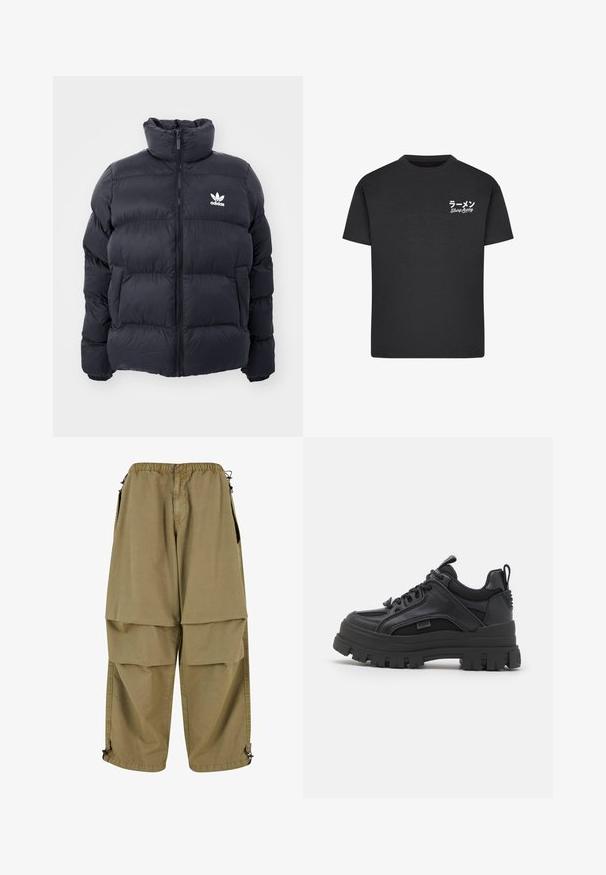 Marinblå puffjakke med høj krave, lynlås lukning og hvid Adidas-logo på brystet. Har syede paneler og en glat, blank overflade.; Sort bomulds T-shirt med rund hals. Har hvid tekst, inklusive japanske tegn og "Slurp Away," på venstre brystområde.; Beige cargo bukser med elastisk talje, store forlommer og justerbare manchetter. Lavet af letvægtsmateriale med en glat tekstur.; Sorte sneakers med en kraftig sål, der har en blanding af læder og mesh, rund tå og teksturerede detaljer. Snørebåndsdesign og strop bagpå.