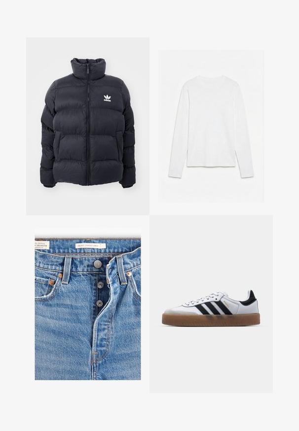 Chaqueta acolchada de color marino con cuello alto, cierre de cremallera y logo blanco de Adidas en el pecho. Presenta paneles cosidos y una textura suave y brillante.; Camiseta blanca lisa de manga larga con cuello redondo, extendida sobre una superficie blanca, mostrando el frente y la longitud completa de la manga.; Jeans de mezclilla azul claro con corte recto a la altura del tobillo. Incluye cinco bolsillos, dos botones de metal y costuras naranjas visibles. Etiquetas presentes.; Zapatillas de cuero blancas con rayas negras, suela de goma, puntera redonda, cierre de cordones y caperuza de ante gris suave.