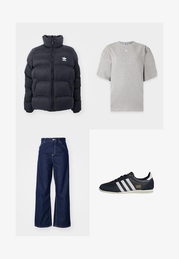 Tummansininen puffer-takki, jossa on korkea kaulus, vetoketjusuljenta ja valkoinen Adidas-logo rinnassa. Takissa on ommeltuja paneeleja ja sileä, kiiltävä pinta.; Vaaleanharmaa Adidas lyhythihainen t-paita pyöreällä kaula-aukolla ja pienellä valkoisella Adidas-logolla rinnassa, esitetty yksivärisellä taustalla.; Lehtere jeans hämärän sinisessä denimissä, jossa on korkea vyötärö, kontrastivalkoinen omistus ja perinteinen viiden taskun muotoilu.; Musta nahkakengät, joissa on kolme valkoista raitaa, teksturoitu pinta, kultainen "adidas JAPAN" -logo ja kumipohja, jossa on kuvioitu pito.