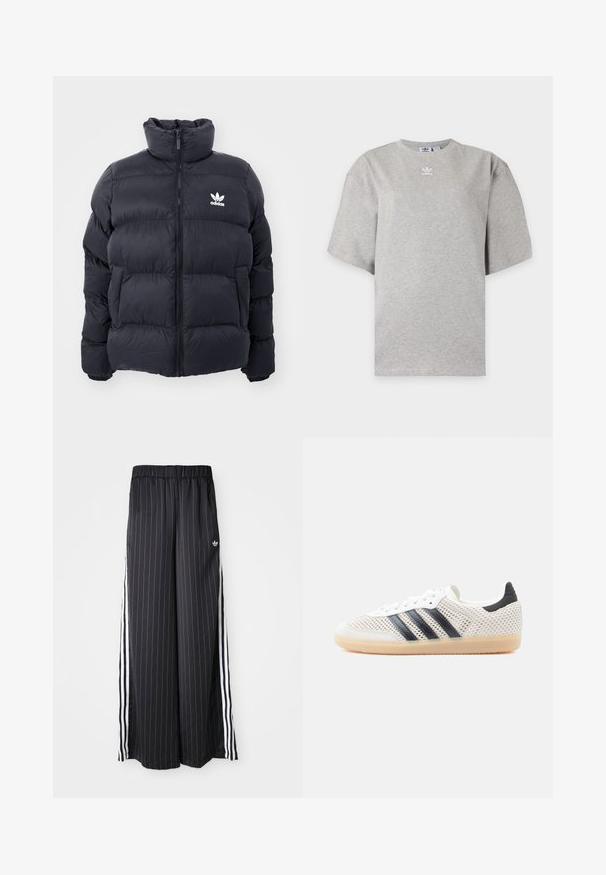 Chaqueta acolchada de color marino con cuello alto, cierre de cremallera y logo blanco de Adidas en el pecho. Presenta paneles cosidos y una textura suave y brillante.; Camiseta Adidas de manga corta color gris claro con cuello redondo y pequeño logo blanco de Adidas en el pecho, mostrada sobre un fondo liso.; Pantalones negros de pierna ancha con rayas blancas verticales, cinturilla elástica y tres rayas blancas a lo largo del lado. Logo de Adidas en la parte frontal.; Zapatillas deportivas de malla blanca con diseño de tres franjas negras, punta redondeada y suela de goma color café. Cuentan con un cuello de talón suave y cierre de cordones.