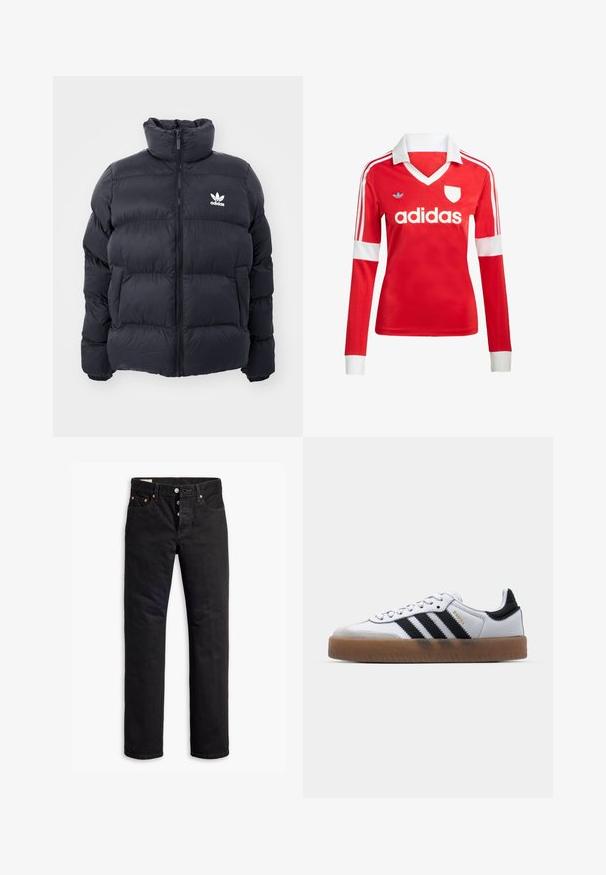 Marineblaues Puffer-Jackett mit hohem Kragen, Reißverschluss und weißem Adidas-Logo auf der Brust. Verfügt über gestickte Paneele und eine glatte, glänzende Textur.; Rotes Fußballtrikot mit langen Ärmeln, weißem Kragen und weißen Ärmelbündchen. Es hat drei weiße Streifen auf den Schultern und das "adidas"-Logo ist auffällig platziert.; Schwarze Denim-Jeans mit geradem Schnitt, Fünf-Taschen-Design und Knopfverschluss. Mit Kupfennieten und Nähtelementen.; Weiße Leder Sneakers mit schwarzen Streifen, Gummigummi-Außensohle, runder Zehenform, Schnürverschluss und weichem grauem Wildleder-Zehenkappe.