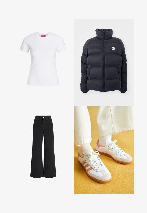 Marinblå puffjakke med høj krave, lynlås lukning og hvid Adidas-logo på brystet. Har syede paneler og en glat, blank overflade.; Hvid slimfit t-shirt med korte ærmer og rund halsudskæring med en lyserød JJXX-label indeni kraven, vist mod en ensfarvet baggrund.; Breddebenede sorte denimjeans med fem lomme-design, høj talje og knaplukning. Har diskret syninger og en ren finish.; Hvide sportsko med lyserøde accenter, lavet af ruskind og læder, rund tå og gummisål, vist med lyse sokker på en gul baggrund.